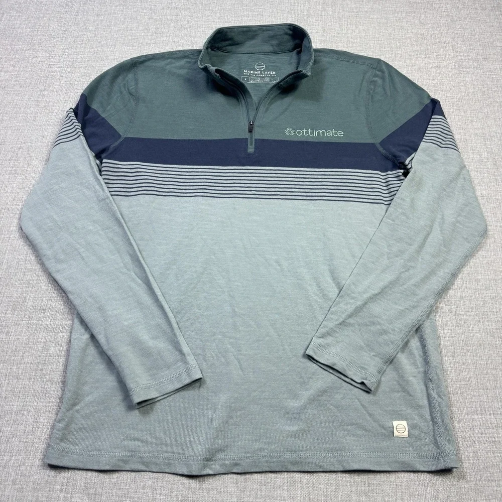 Marine Layer 1/4 Zip Pullover‎ Mens Small Green Striped Collared Lyocell Cotton